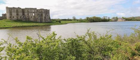A historic stone castle by a river with lush greenery in the foreground.