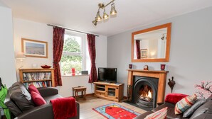 Ein Wohnzimmer mit Kamin, Fernseher, Bücherregal und einer Couch.