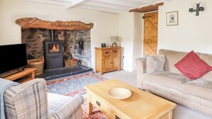 A cozy living room with a stone fireplace, a television, a wooden cabinet, and a sofa with a red pillow. - Bodywen (Oswestry)