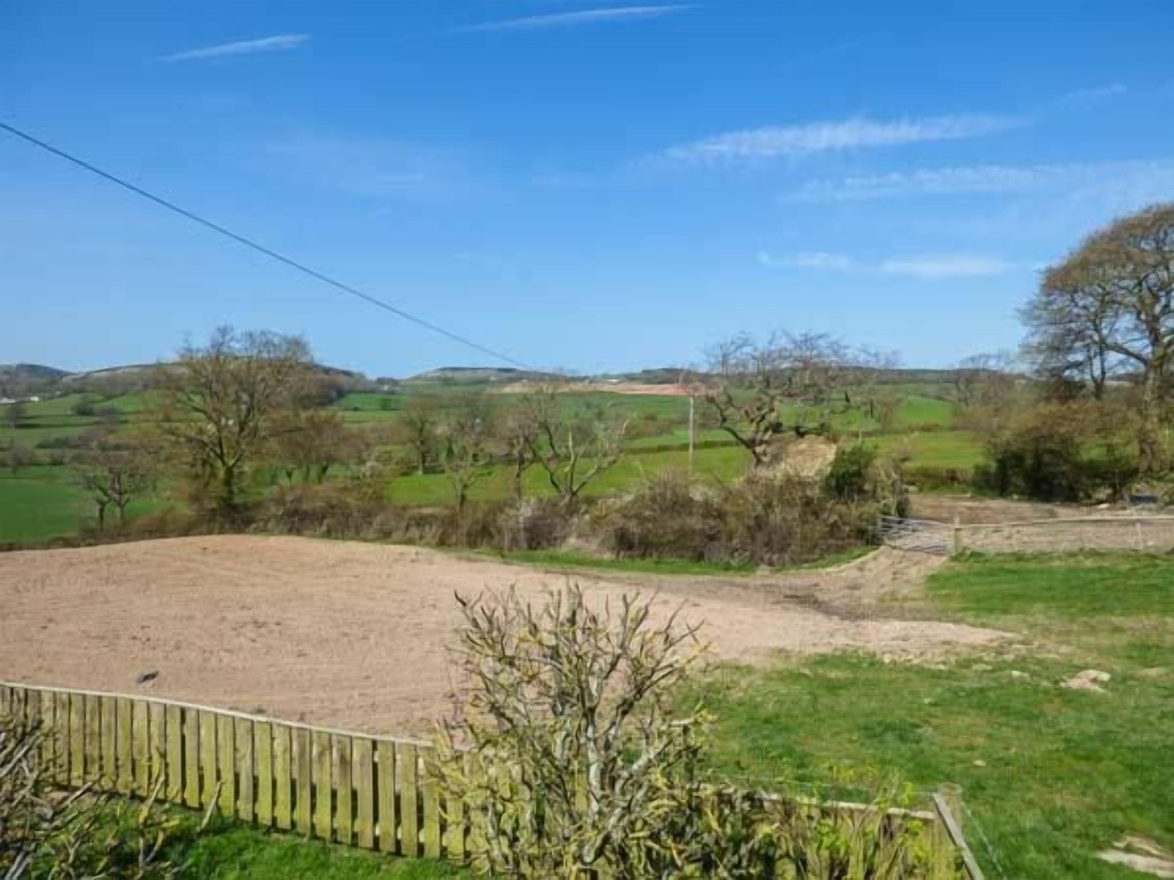 Ländliche Landschaft mit einer unbefestigten Straße, grünen Feldern und einem Holzzaun.