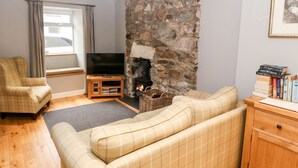 Una sala de estar con chimenea de piedra, televisor y sofá.