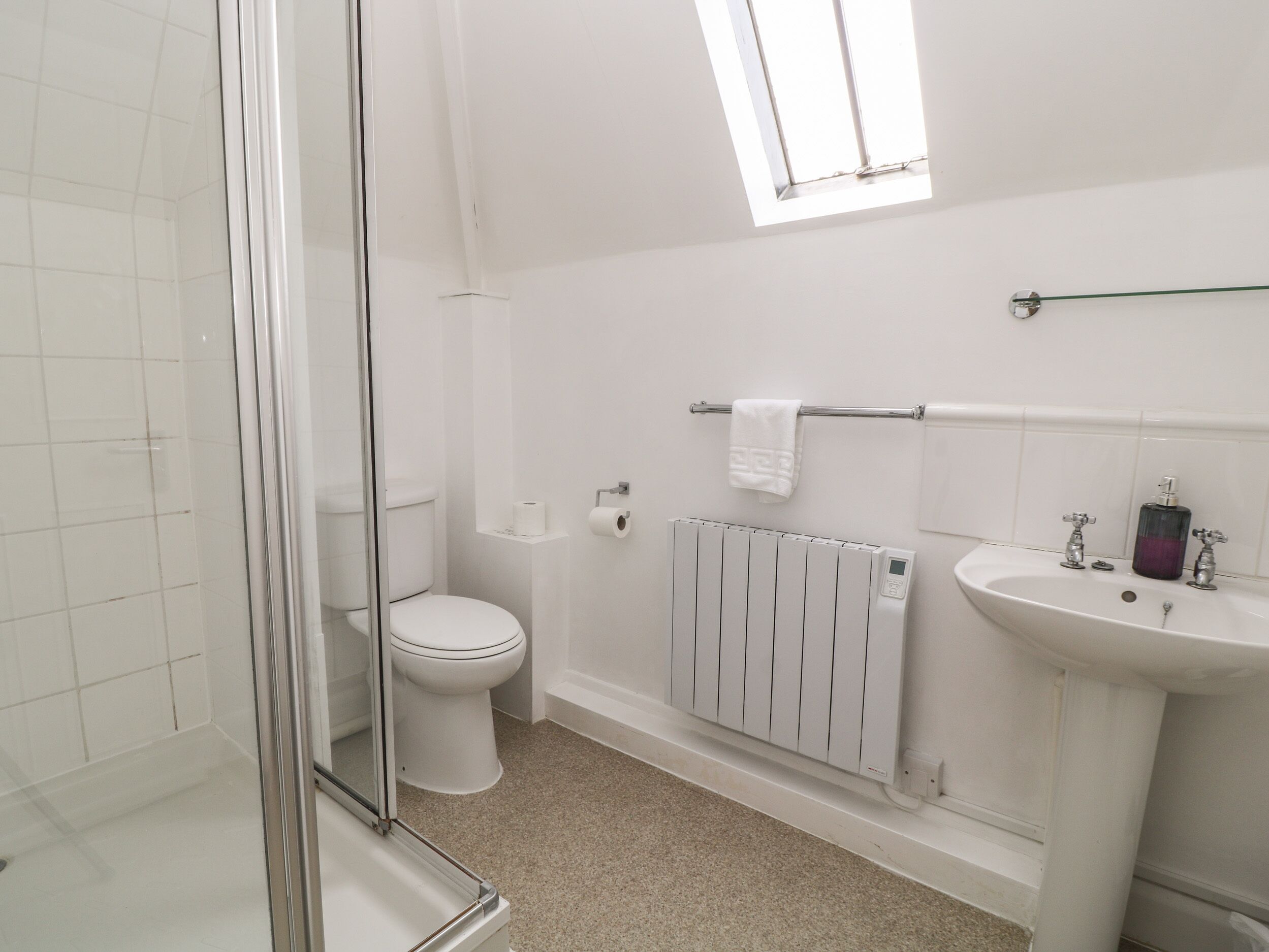 A modern bathroom with a glass shower enclosure, a toilet, a radiator, and a sink.