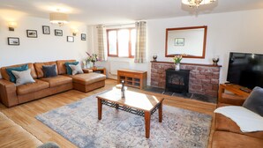 A living room with a sofa set, a coffee table, a fireplace, and a television. - Green Hills Farm (Ulverston)