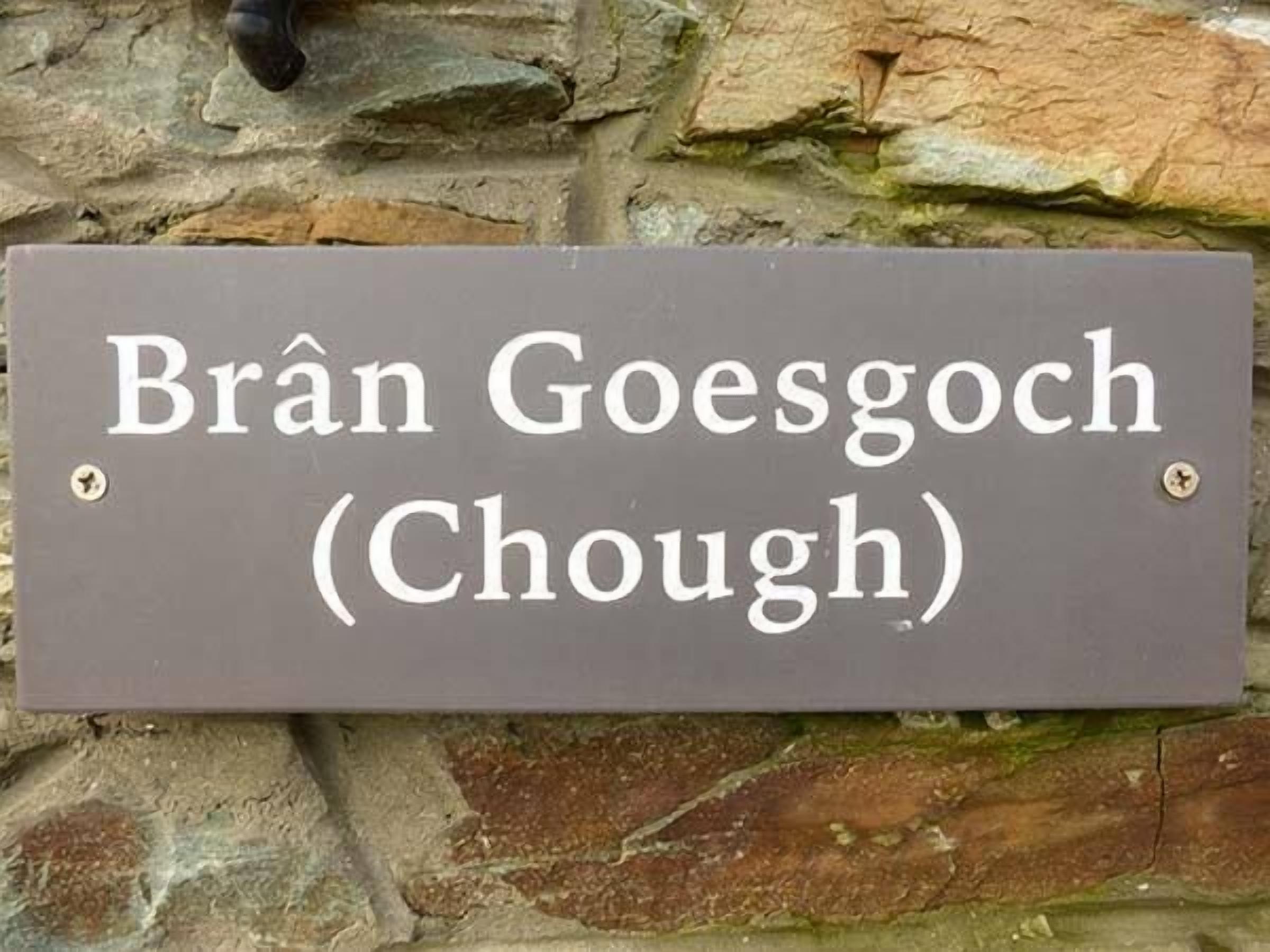 A sign with the text "Brân Goesgoc (Chough)" mounted on a stone wall.