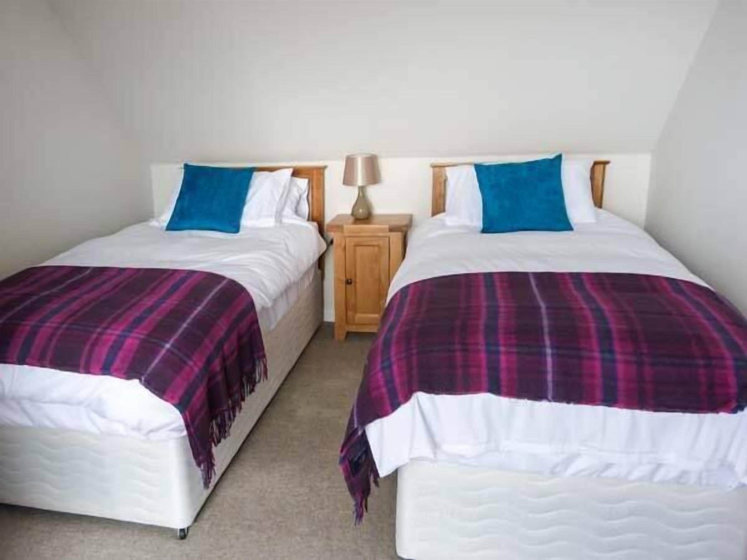 Two single beds with white bedding and blue pillows, a wooden nightstand between them, and a beige carpet.