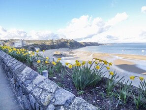Vista costeira com um muro de pedra e flores amarelas em primeiro plano, uma praia arenosa e um penhasco com edifícios ao fundo.