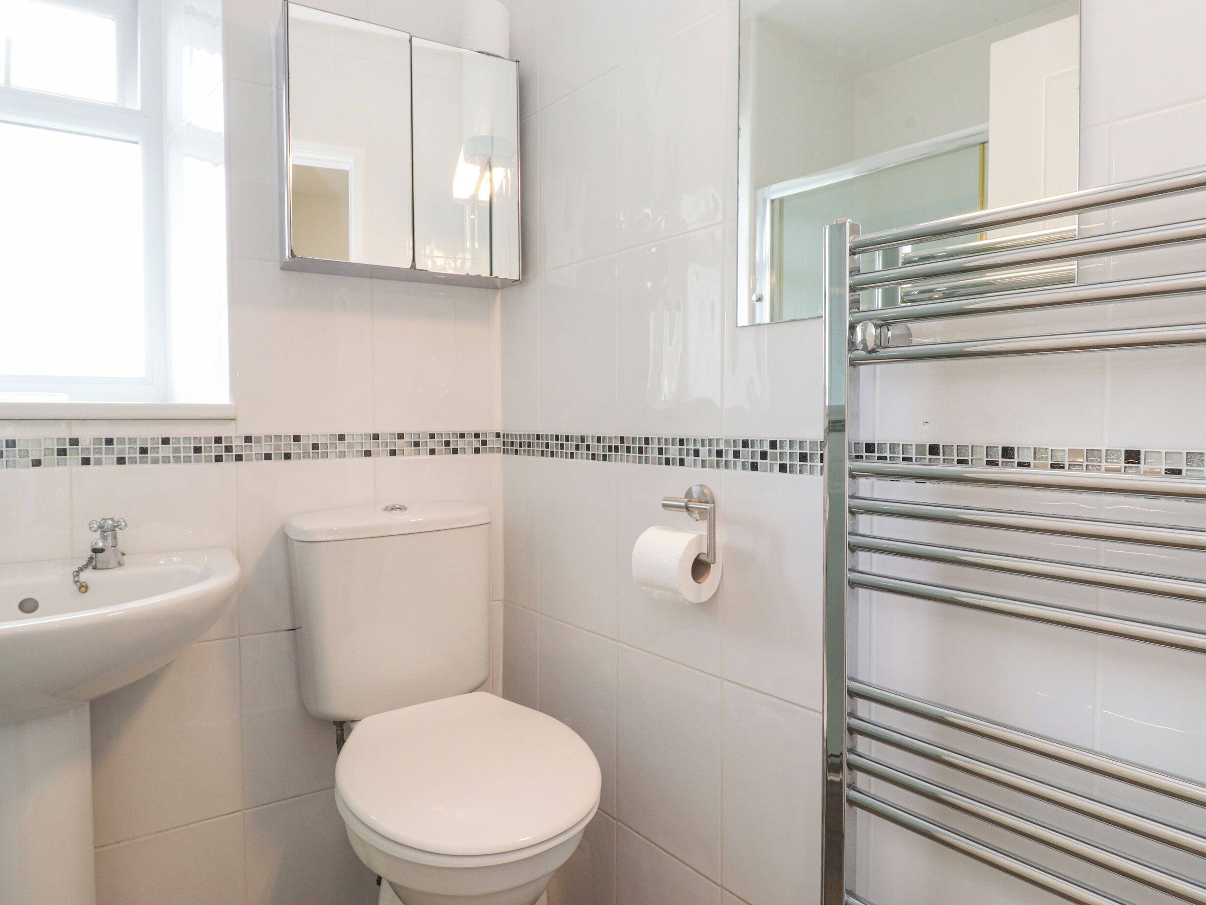A bathroom with a toilet, sink, and towel rack.