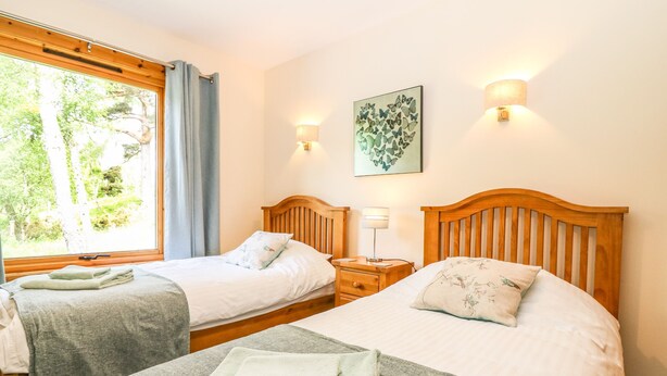 A room with two wooden beds, a window with curtains, a wall-mounted lamp, and a framed artwork. - Birchbank (Grantown-on-Spey)