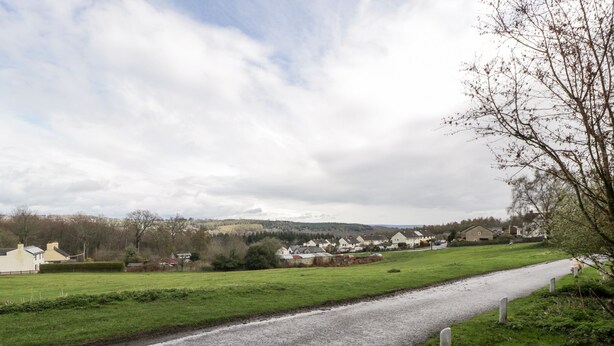 A rural road with houses on one side and open fields on the other.