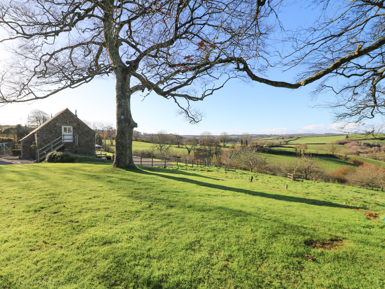 A stone cottage with a wooden staircase, surrounded by a grassy field and a large tree.