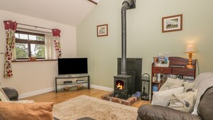 A living room with a fireplace, a television on a stand, a bookshelf, and two sofas. - The Barn (Driffield)