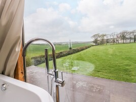 Baño con ducha y vistas a un campo verde y un paisaje lejano.