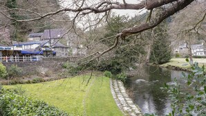 A riverside view with a stone pathway leading to a grassy area, surrounded by trees and buildings. - Bryn Dedwydd Farmhouse (Betws-Y-Coed)