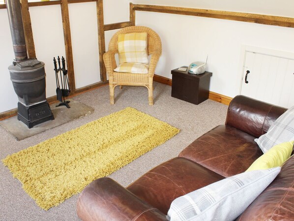 A cozy room with a brown leather sofa, a yellow rug, a wicker chair, a small table with a radio, and a wood-burning stove. - The Hayloft (Thetford)