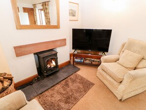 A living room with a fireplace, a television, and a beige armchair. - The Byre (Brampton)