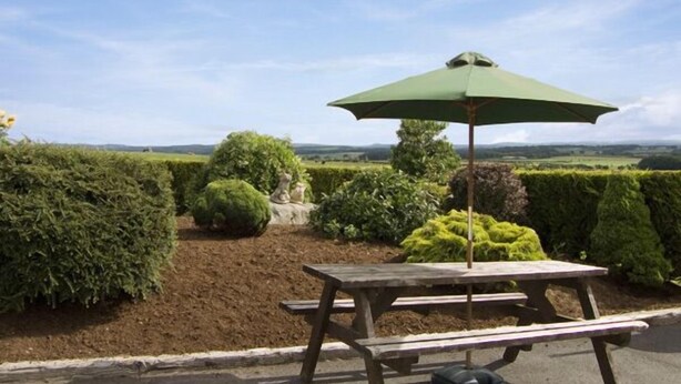 Una taula de pícnic amb un parasol verd en un jardí paisatjistic amb taronja i vista al camp.