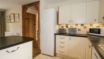 Fridge, dishwasher, highchair, cookware/dishes/utensils