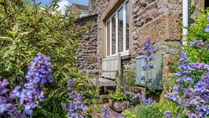 A stone building with a wooden bench outside, surrounded by lush greenery and purple flowers. - The Shippon (Skipton)