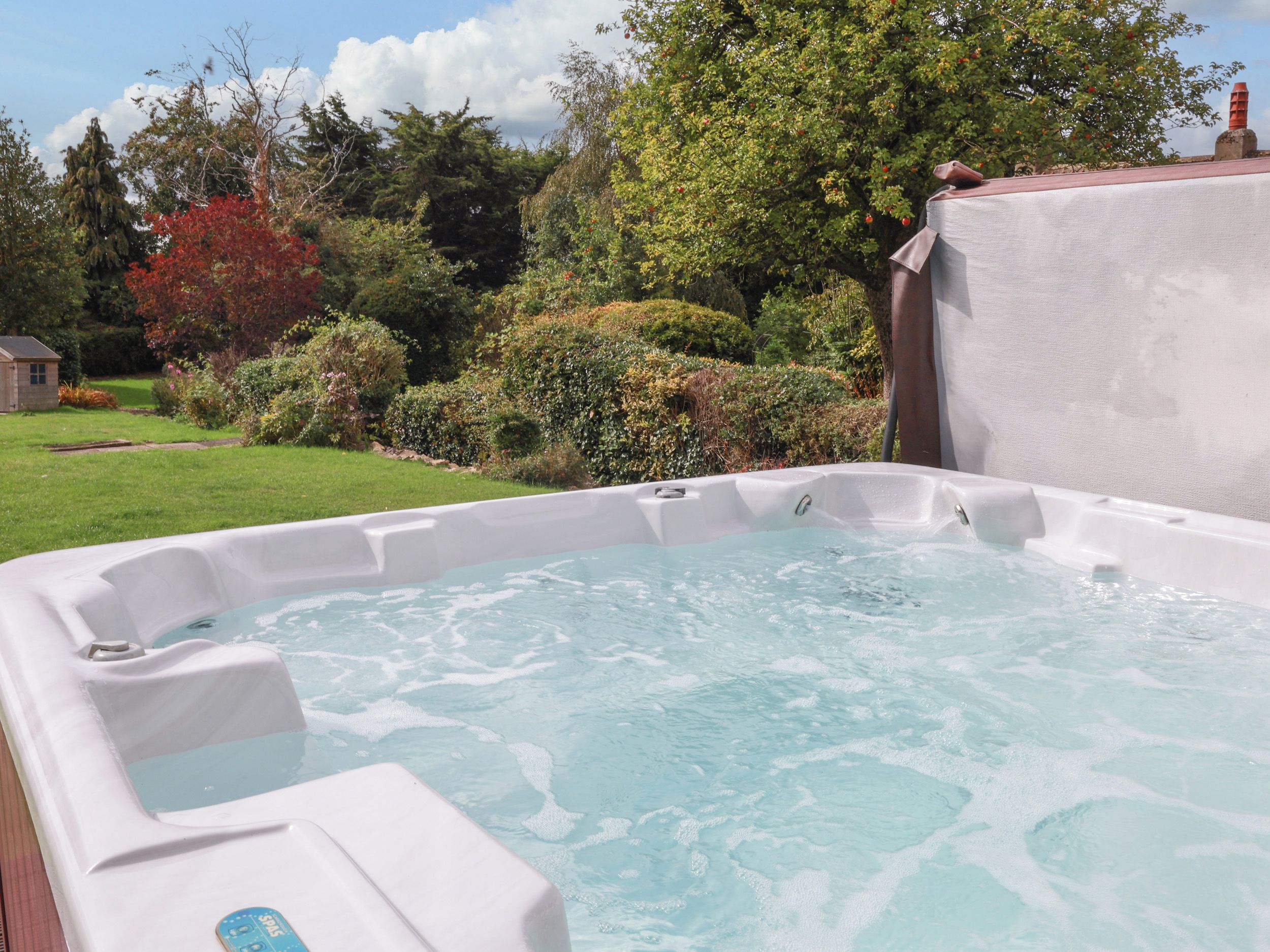 A hot tub in a garden with a grassy lawn and trees.