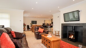 Ein Wohnzimmer mit Kamin, Ledersofas, einem Holztisch und einem an der Wand befestigten Fernseher.