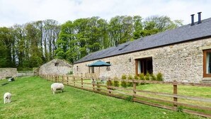 Un bâtiment en pierre avec une courClose et un mouton.