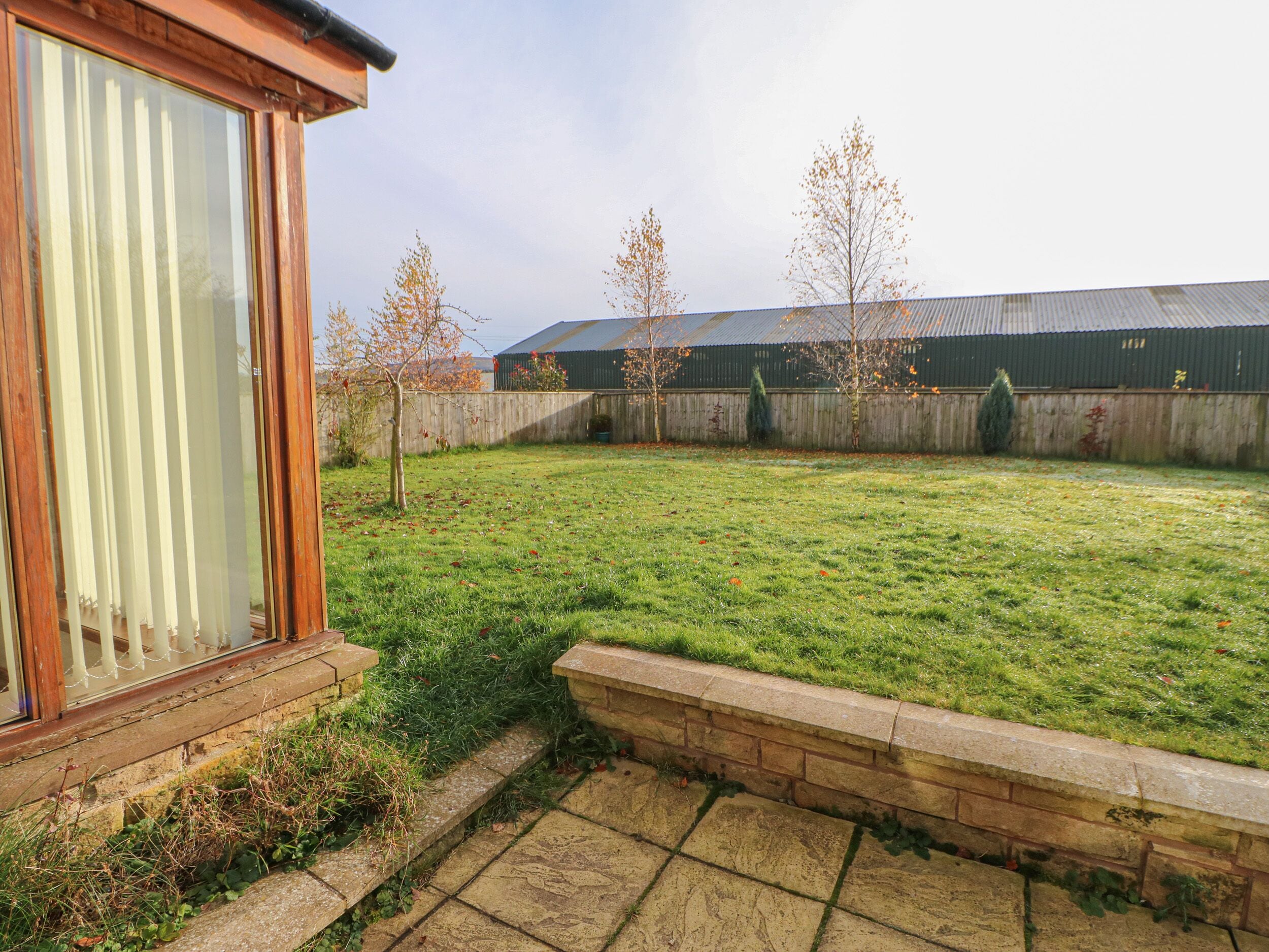 A grassy backyard with a wooden fence, a brick wall, and a building with a window.