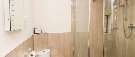 A modern bathroom with a glass-enclosed shower, a white sink, and a toilet.