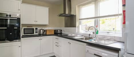 A modern kitchen with white cabinets, a stainless steel range hood, a Bosch dishwasher, and a window with blinds.