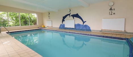 An indoor swimming pool with a diving mural, clear water, and tiled flooring.