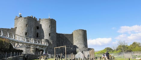 A castle with two prominent towers, a pedestrian bridge, and a playground area with benches and a climbing structure.