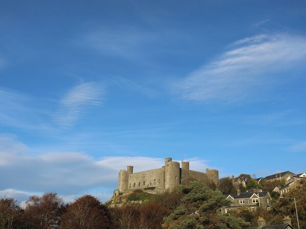 A historic stone castle on a hill with a clear sky. - Bwthyn Bach (Talybont)