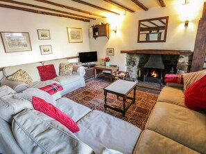 A cozy living room with a fireplace, sofas, a television, and framed pictures on the wall. - Mill Cottage (Kendal)
