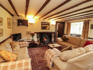 A cozy living room with a fireplace, sofas, a television, and a rug. - Mill Cottage (Kendal)