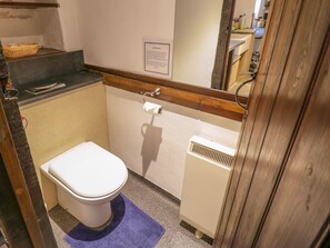 A small bathroom with a toilet, a towel rack, and a mirror. - Mill Cottage (Kendal)