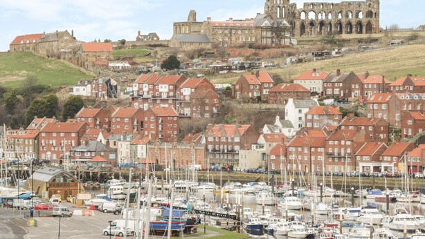 A coastal town with a historic castle, residential buildings, and a marina with boats. - Platform 12 (Whitby)