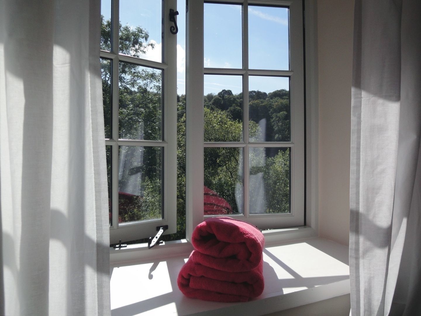 A window with a view of trees and a red towel on the sill.
