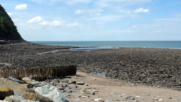 Une plage rocheuse, avec une clôture en bois et une falaise en arrière-plan.