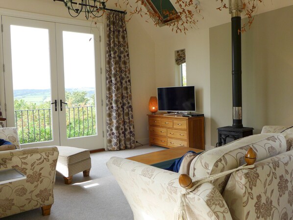 A living room with a sofa, a TV on a wooden cabinet, a fireplace, and a balcony with a view.