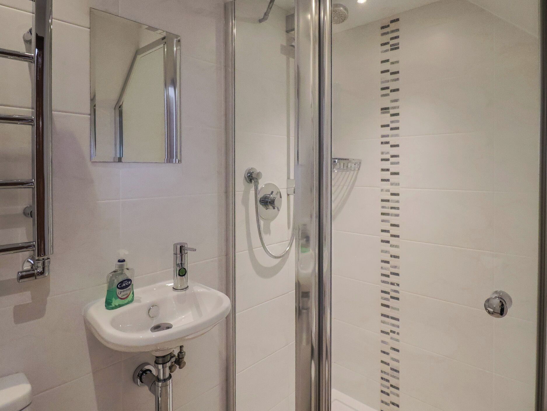 A bathroom with a glass-enclosed shower, a white sink with a bottle of Carex soap, and a mirror above the sink.