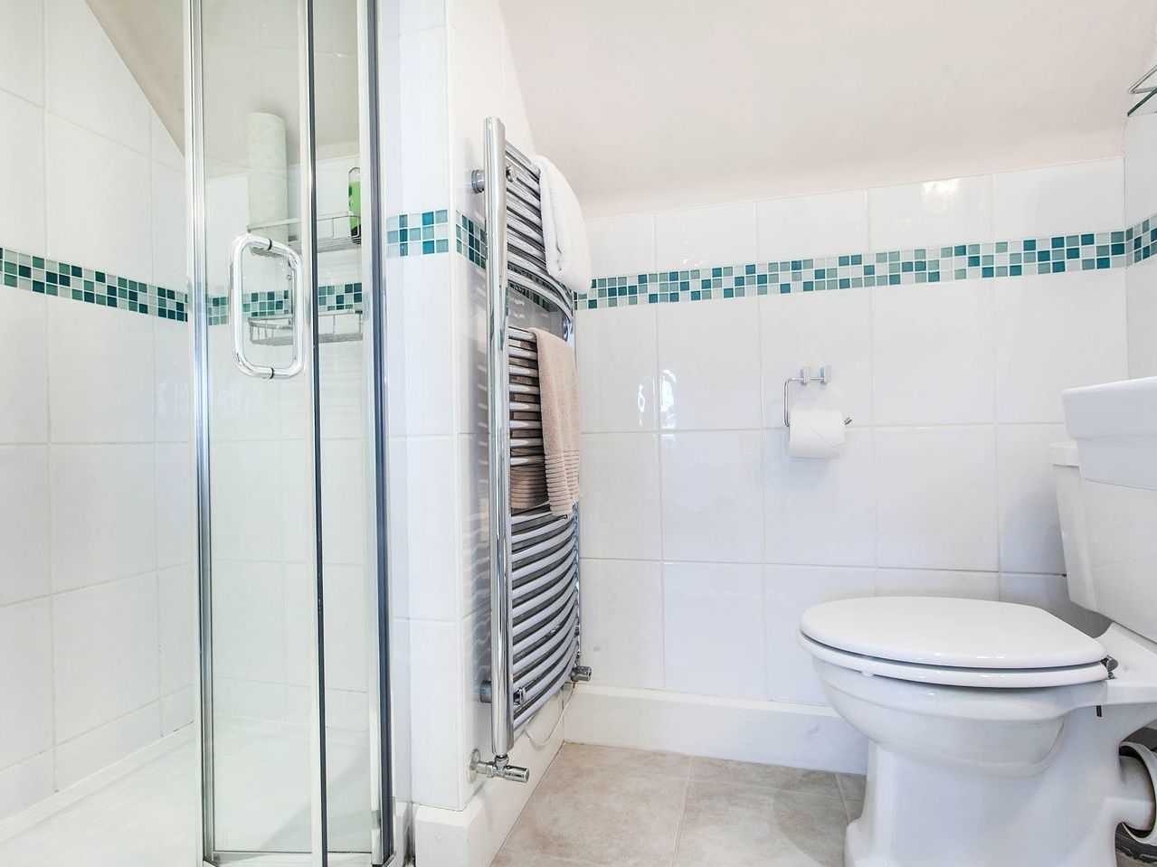 A bathroom with a glass shower enclosure, a white toilet, and a bathtub.