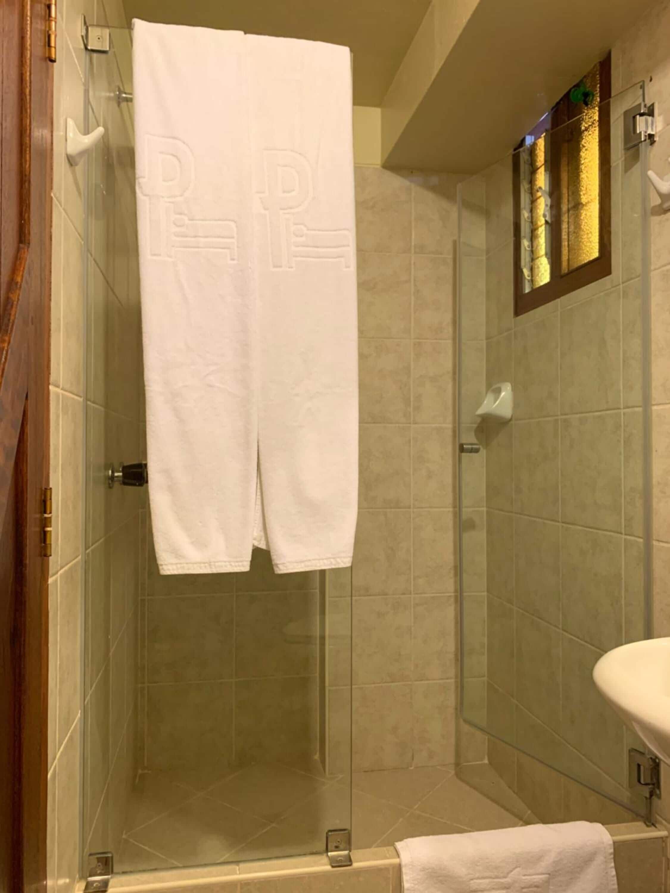 Shower, free toiletries, towels