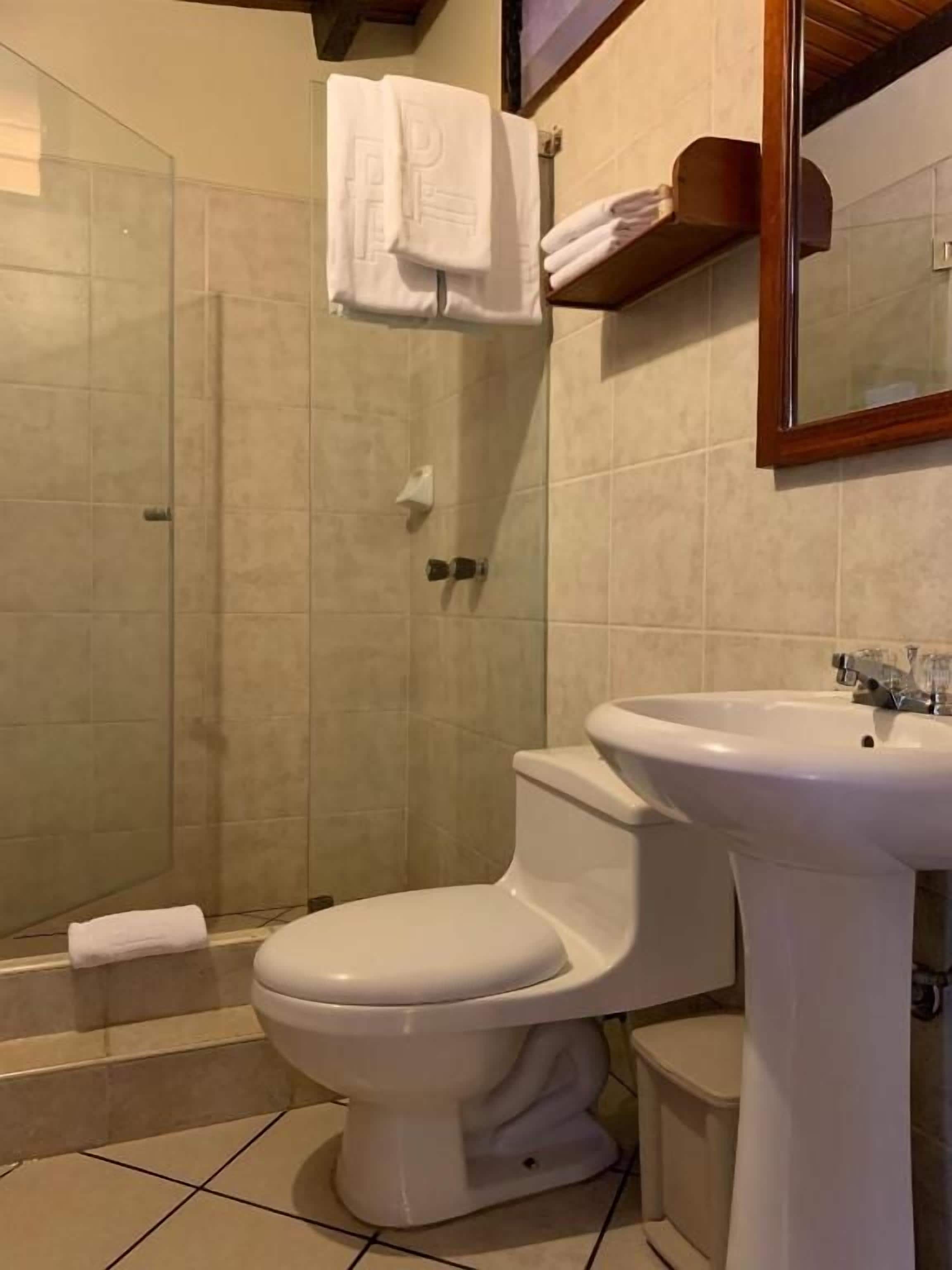 Un baño con inodoro, lavamanos y zona de ducha.