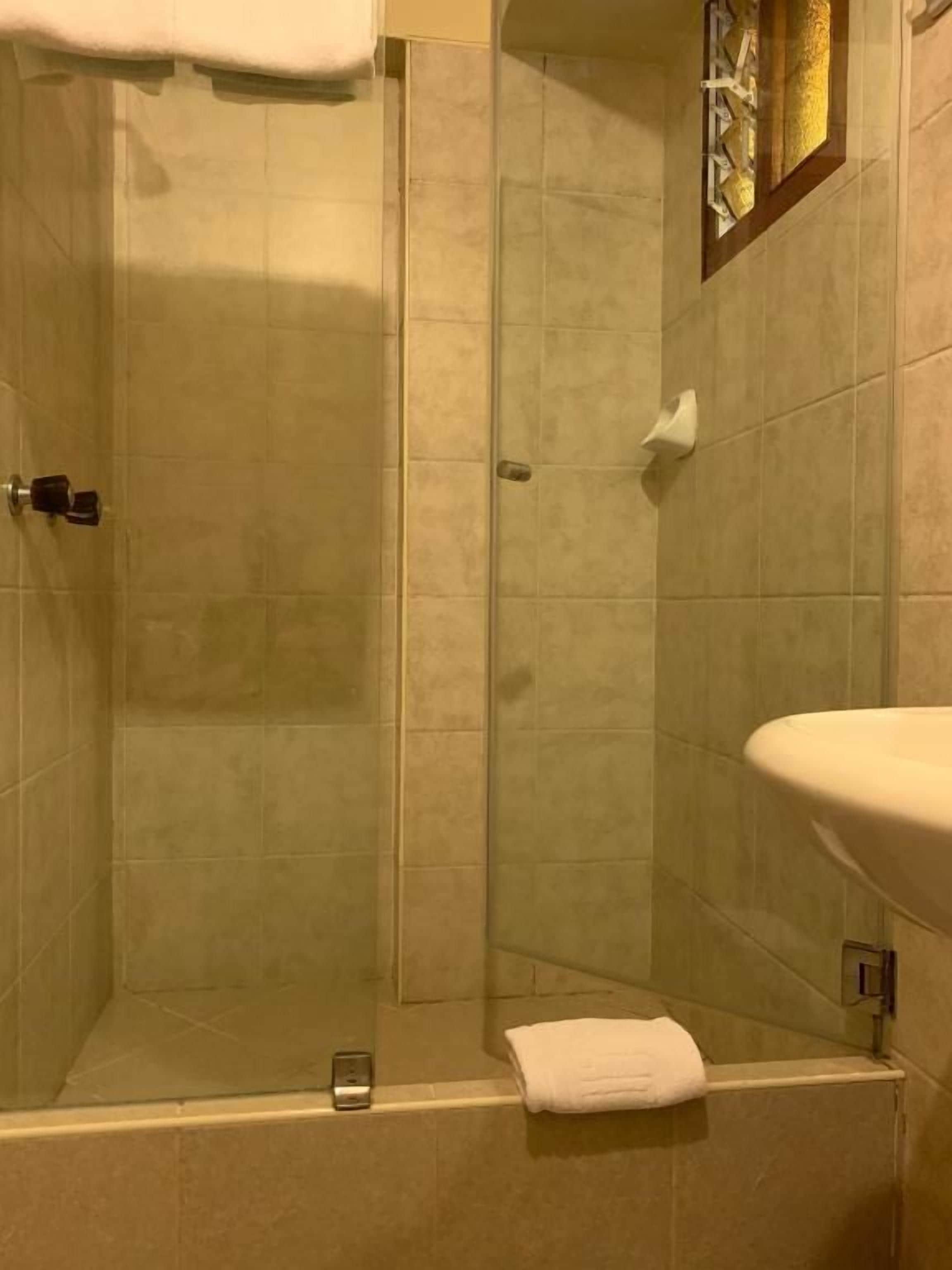 A bathroom with a glass shower enclosure, a sink, and a towel rack.