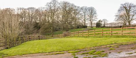 A grassy area with a wooden fence, a concrete path, and trees in the background.