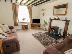 A cozy living room with a fireplace, two sofas, a TV, and a small table. - Penrhyddion Ucha (Llanrwst)