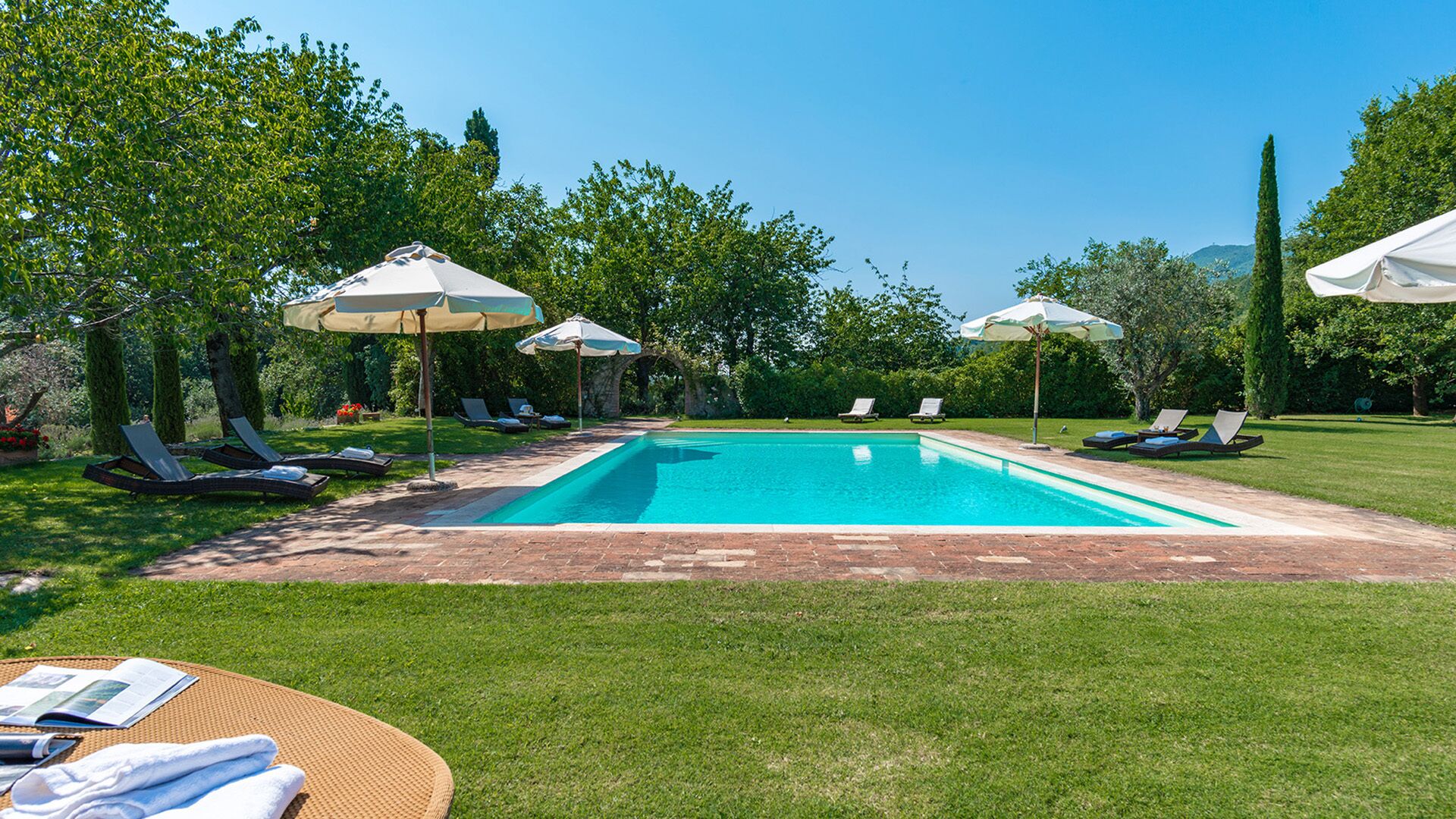 A rectangular swimming pool with lounge chairs and umbrellas, surrounded by well-maintained grass and trees.