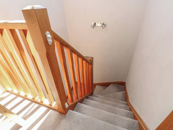 A wooden staircase with carpeted steps and a handrail. - Wern Olau Cottage (Caernarfon)