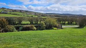 A rural landscape with green fields, a stone wall, and a clear sky. - Nant-isa (Shrewsbury)