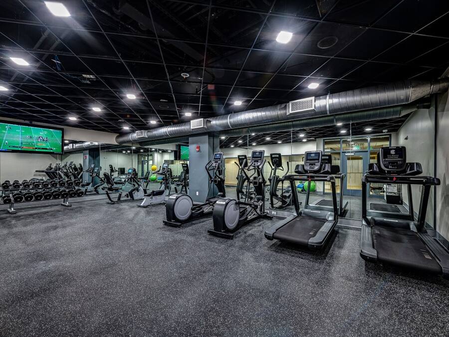 Ett gym med löpband, crosstrainers och fria vikter.