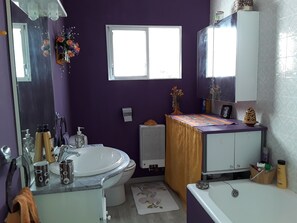 Bañera con ducha, secador de pelo, toallas, papel higiénico